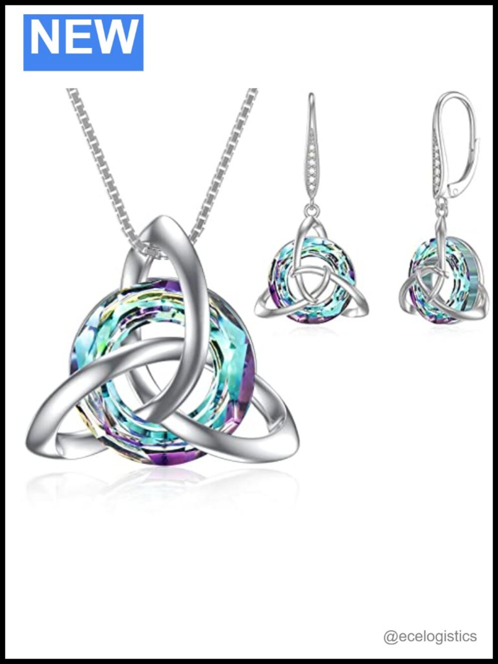 Sterling Silver Celtic Knot Necklace Earrings Set Crystal Irish Jewelry
